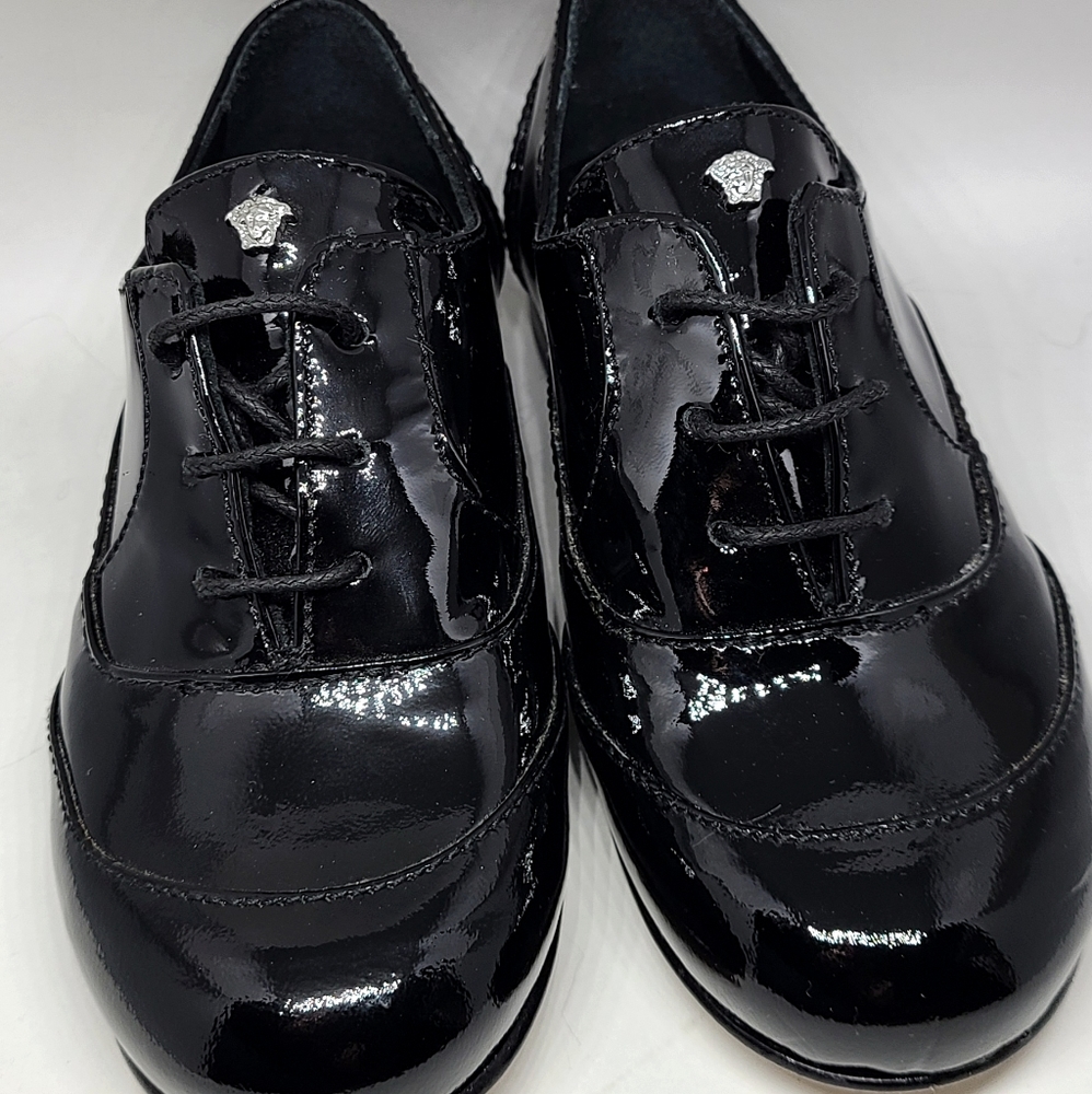 New In Box Versace boys patent black dress shoes.